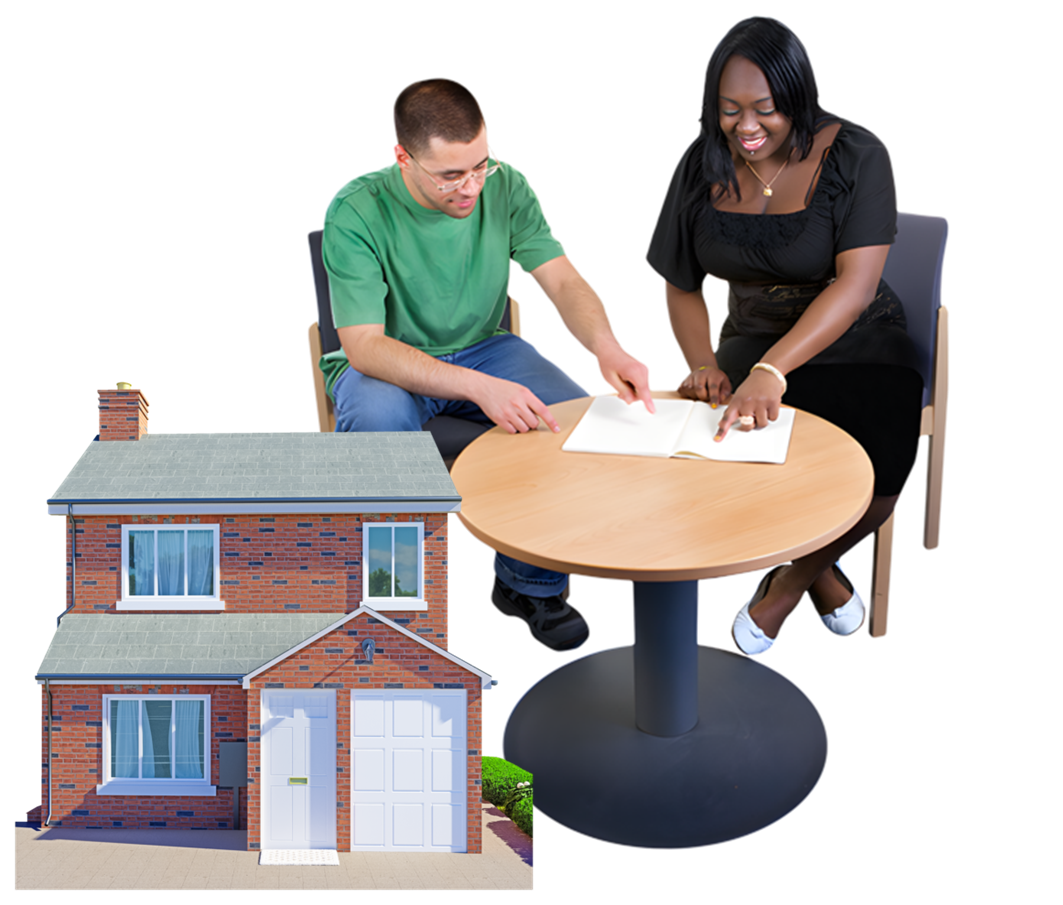 Two people sat at a table looking at information. A picture of a house is to the left of the image.