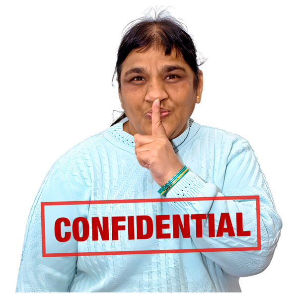 Older woman making a 'shush' gesture with her finger over her lips and a 'CONFIDENTIAL' stamp overlay.