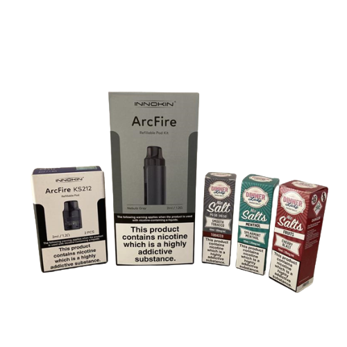 A selection of different vape pens and refill boxes