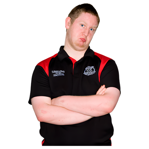 Young man with arms crossed and an unhappy pout wearing a black shirt with red accents.