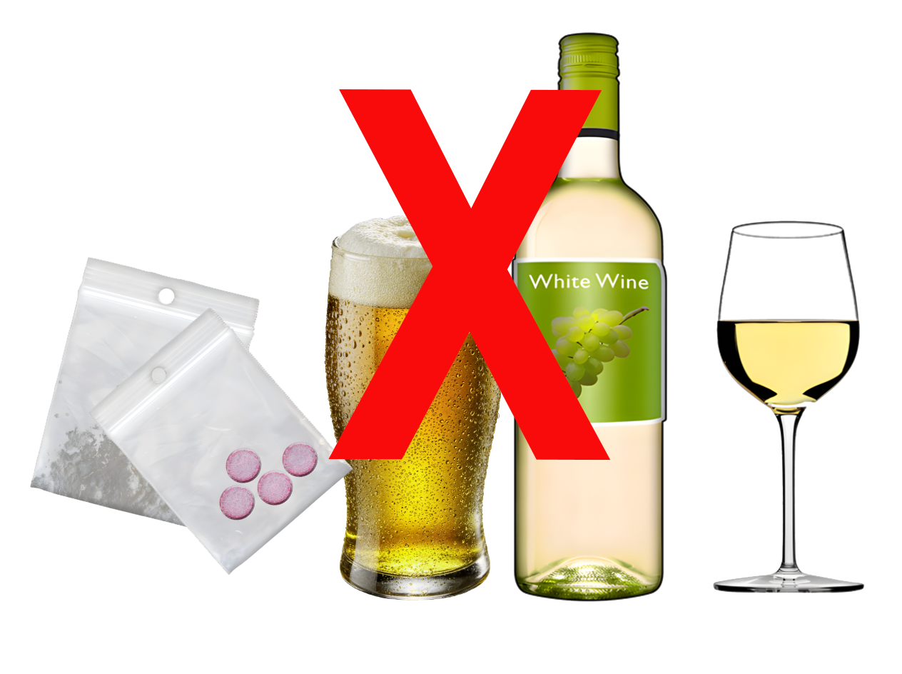 Alcohol and tablets with a red cross