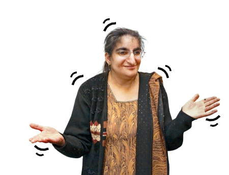 Person standing with their arms pointing out to the sides of them. Hand drawn curvy lines have been drawn around her to look like she is shaking.