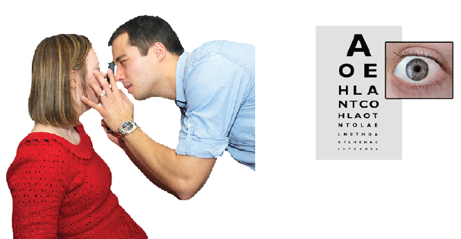 An optician looking at someone's eyes, Next to them is an eye chart.