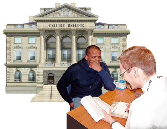 A patgient sitting in front of a doctor at his desk. In the background is a court house building.