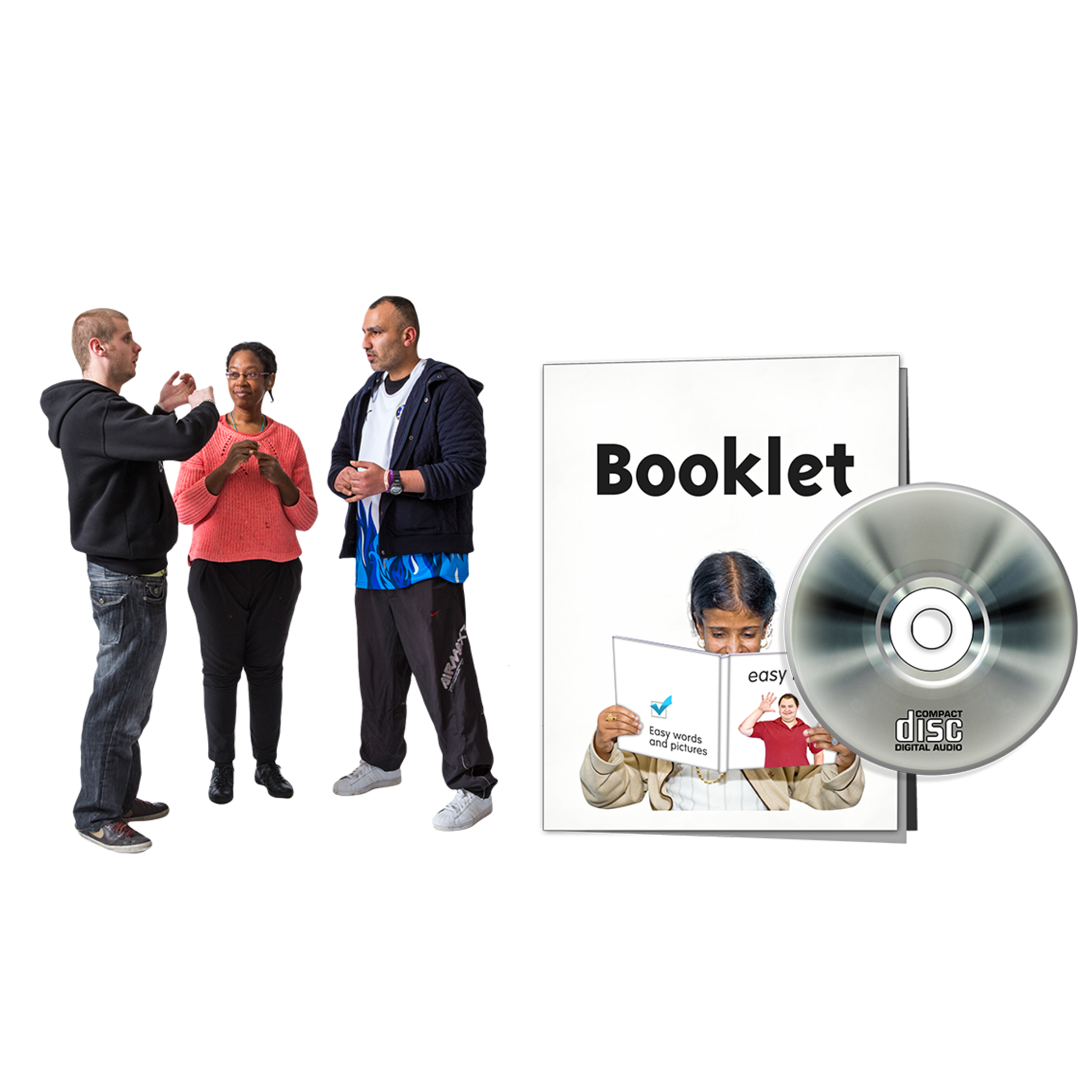 A person is doing sign language, an easy read booklet and a CD