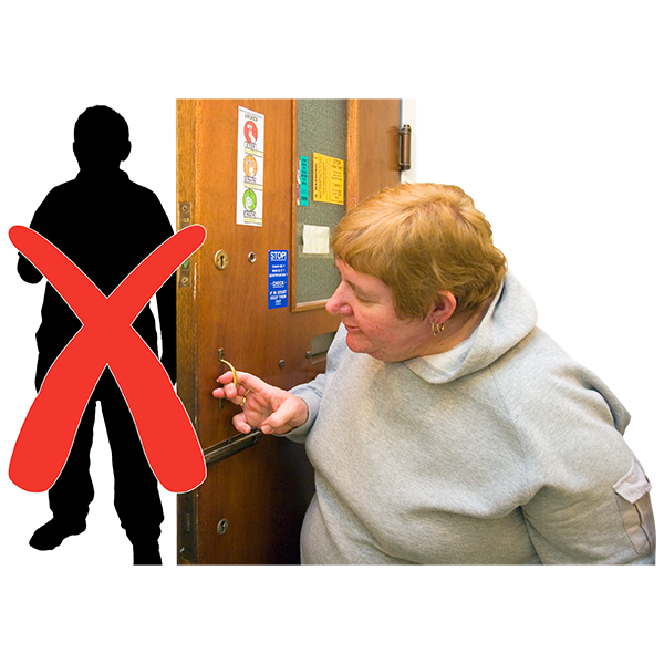 An older woman trying to unlock a door with a red 'X' indicating an error.