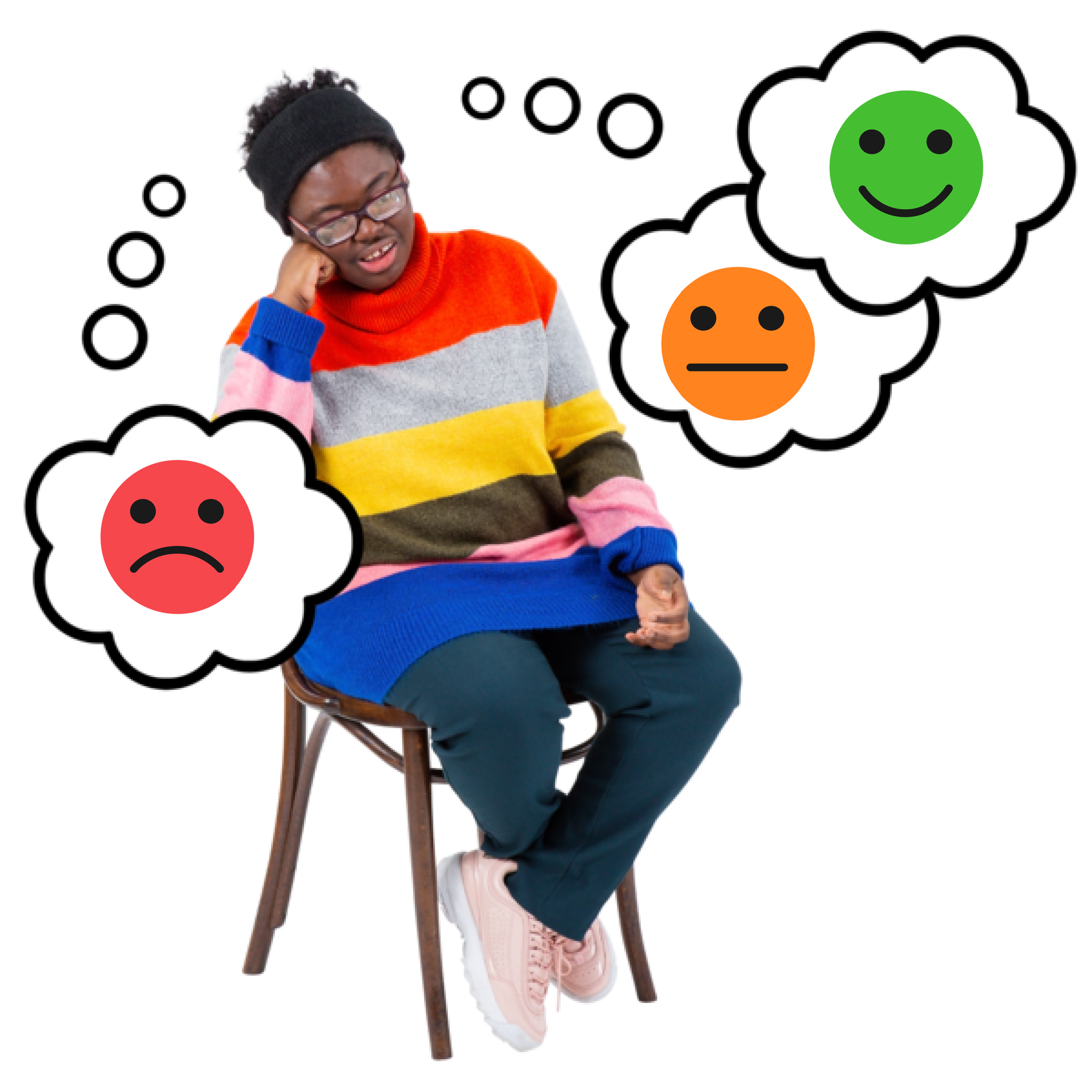 Person in a colorful sweater sitting on a chair with three thought bubbles. One with a green smiley face emoji, one with an orange face emoji with a neutral expression and one with a red sad face emoji with a frown.
