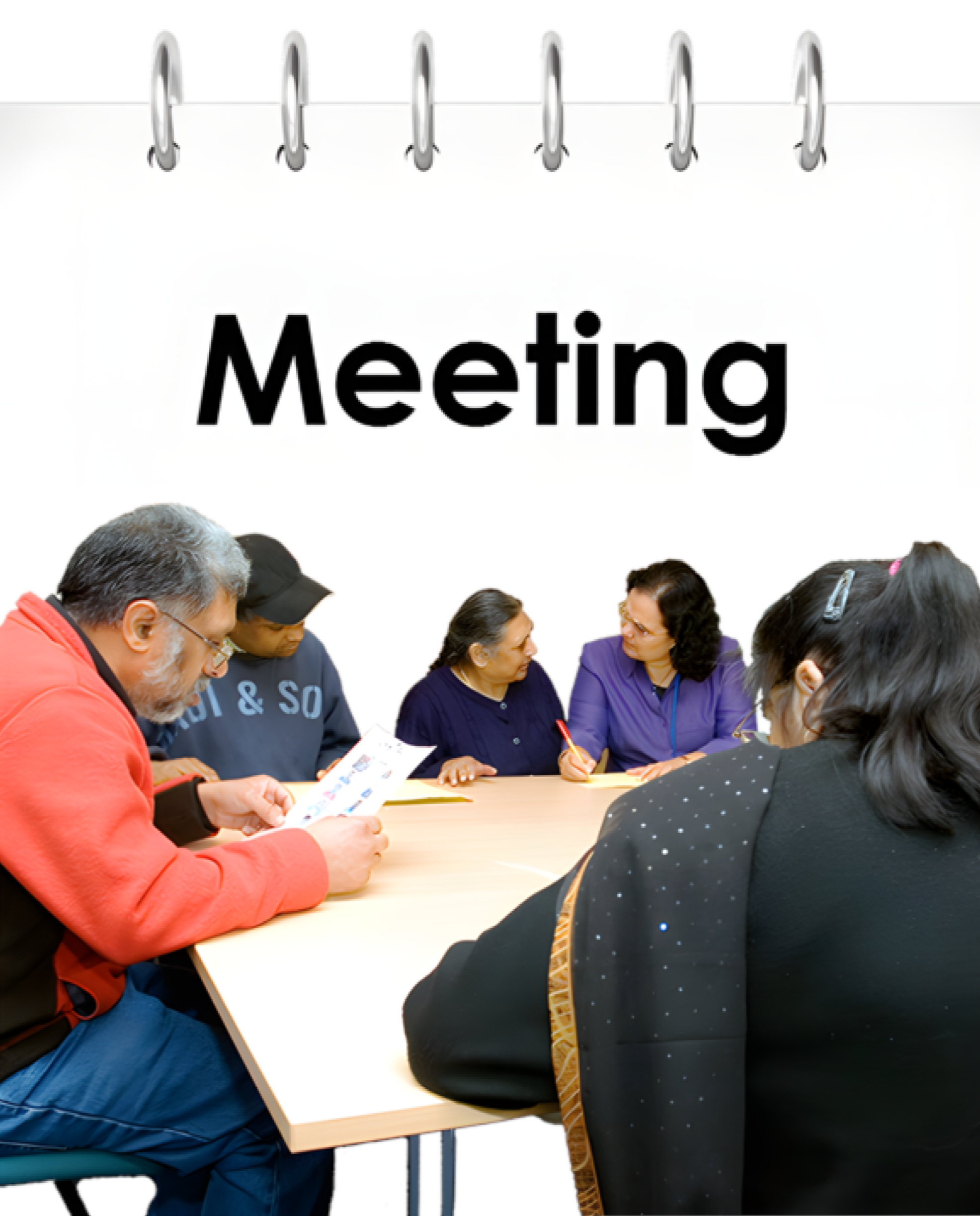 Six people seated around a table, engaged in a meeting.