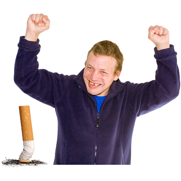 A man celebrates with raised arms next to a large, cigarette butt.