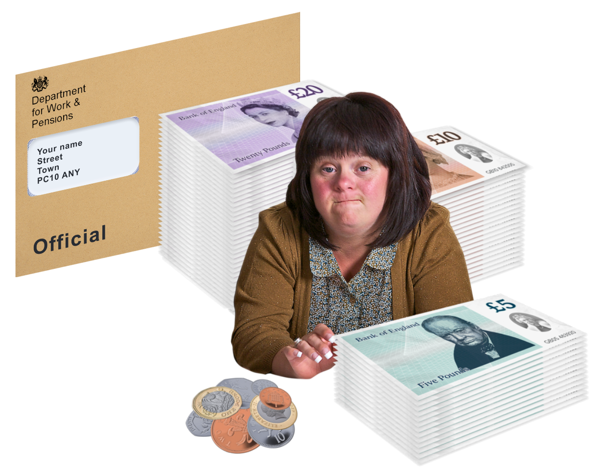 Woman with money in front of her and an official brown envelope from the Department of Work and Pensions