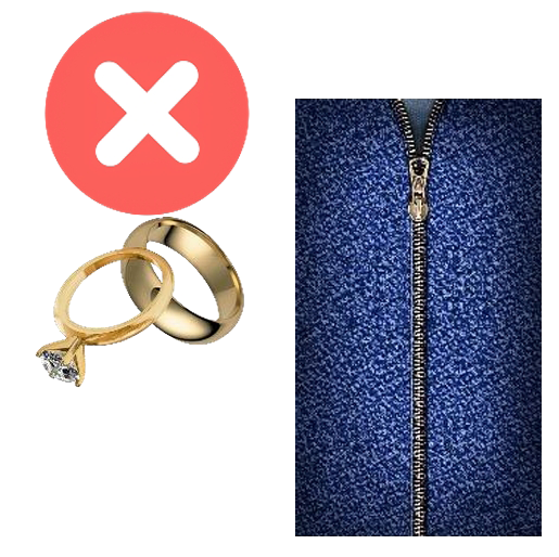 Collage of images showing a zip and jewellery rings with a red cross