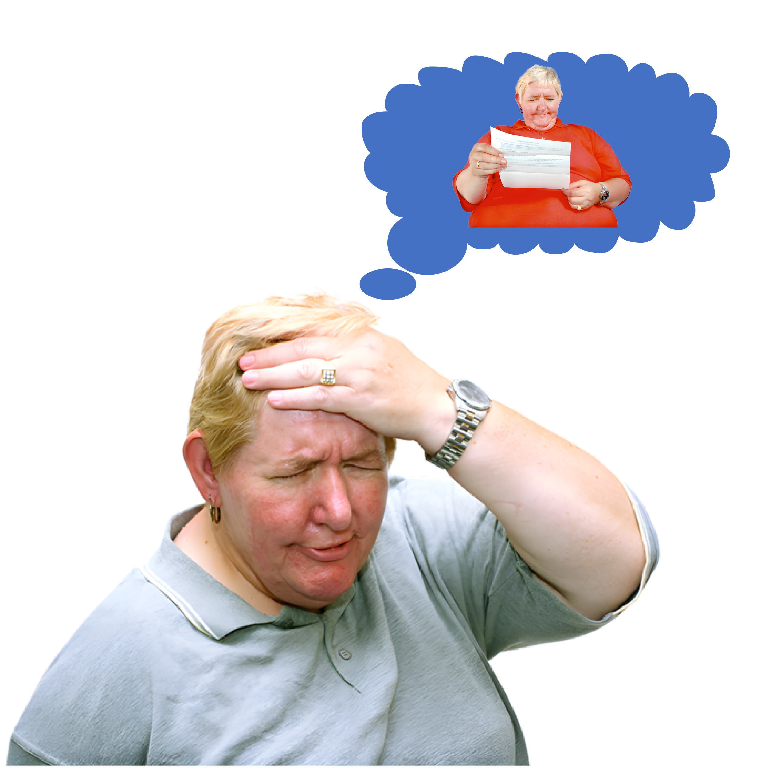 A woman with her hand on her head. There is a thought cloud above her. In the cloud is a picture of the woman reading a document.