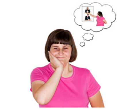 A woman is thinking. There is a thought cloud with a picture of herself deciding between which advocate to choose.