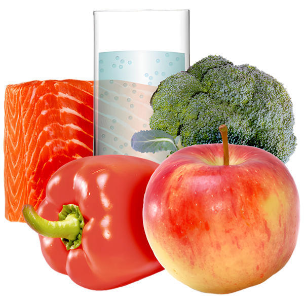 A glass of water with fruit and vegetables