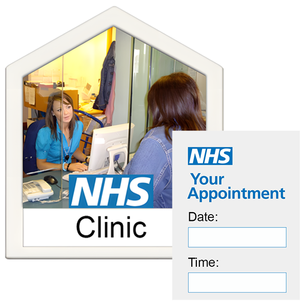 Someone at a clinic reception with an appointment card