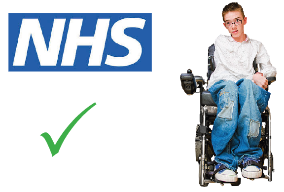 A young person in a wheelchair. Next to him is the NHS logo and a green tick.