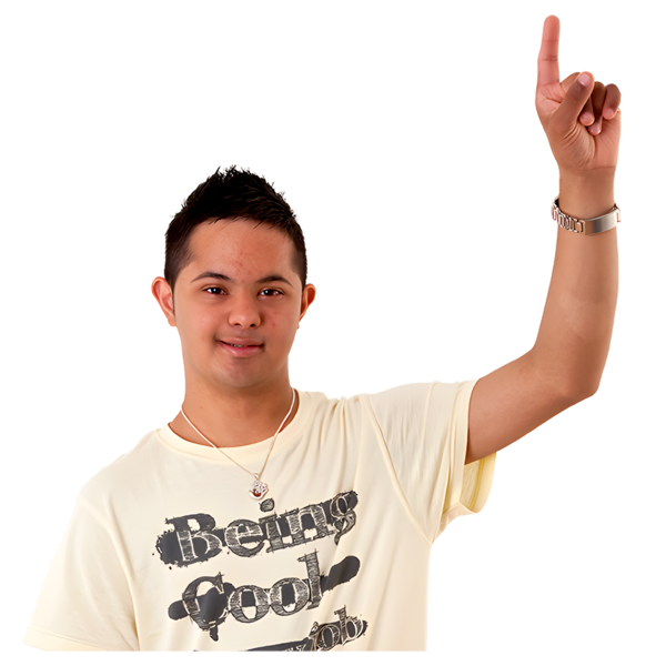 A young man with his hand up