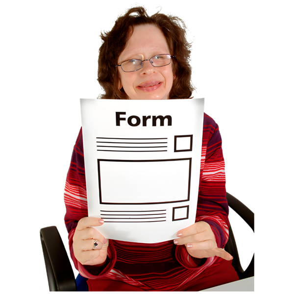a person sitting in a chair holding up a form