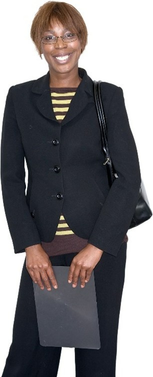 A woman smiling wearing a business suit and holding a document folder