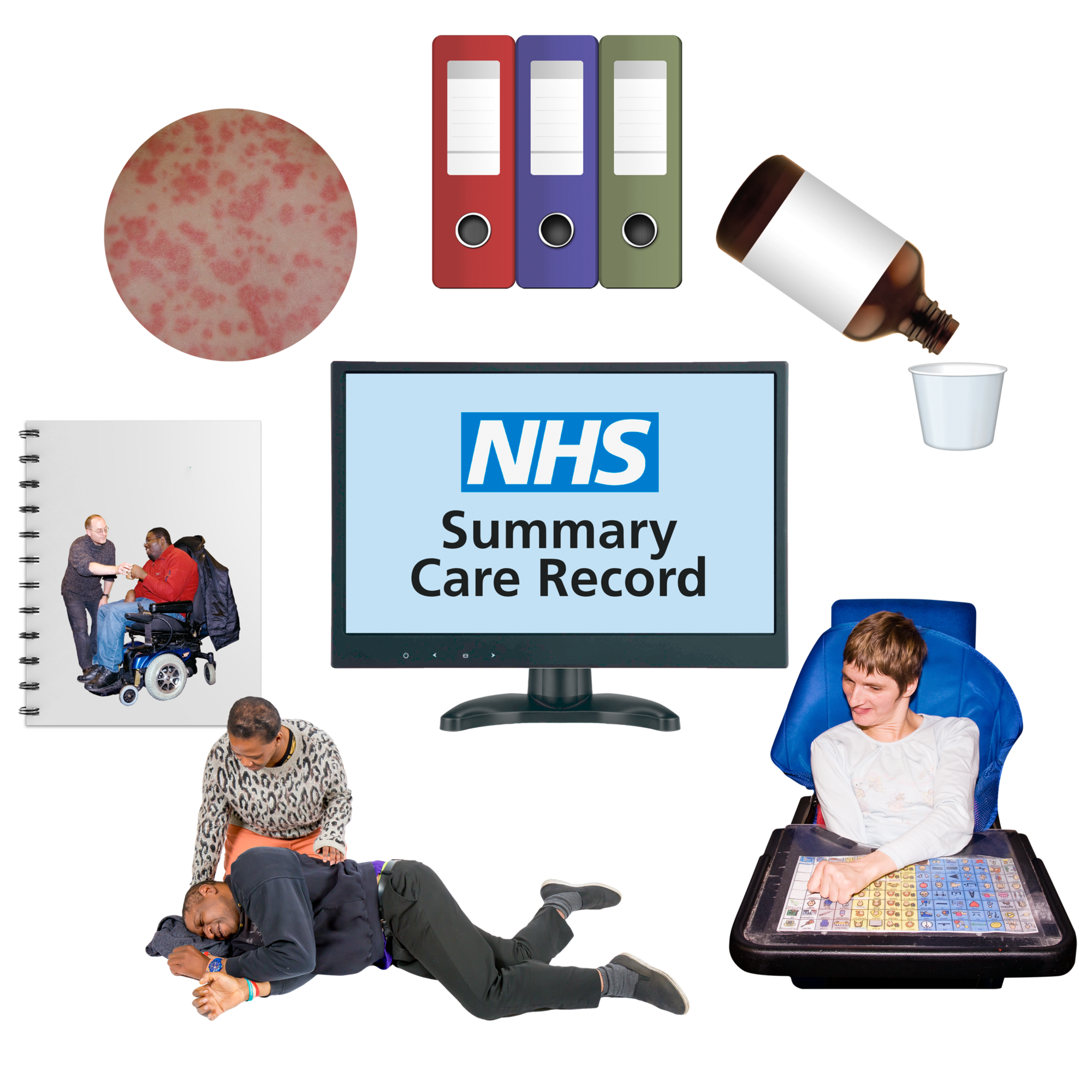 Collage of healthcare-related images including NHS Summary Care Record, medical binders, a medicine bottle, and individuals with disabilities.
