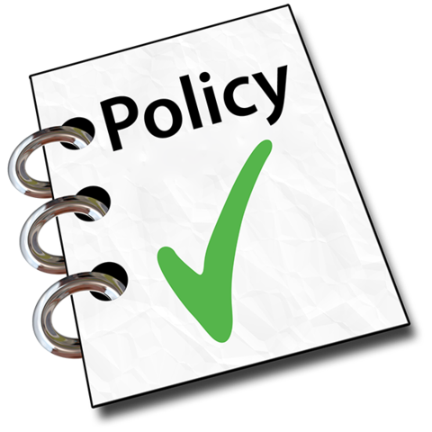 A document with policy written on the front and a green tick
