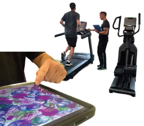 A person creating images on a tablet. Next to them are some people exercising.