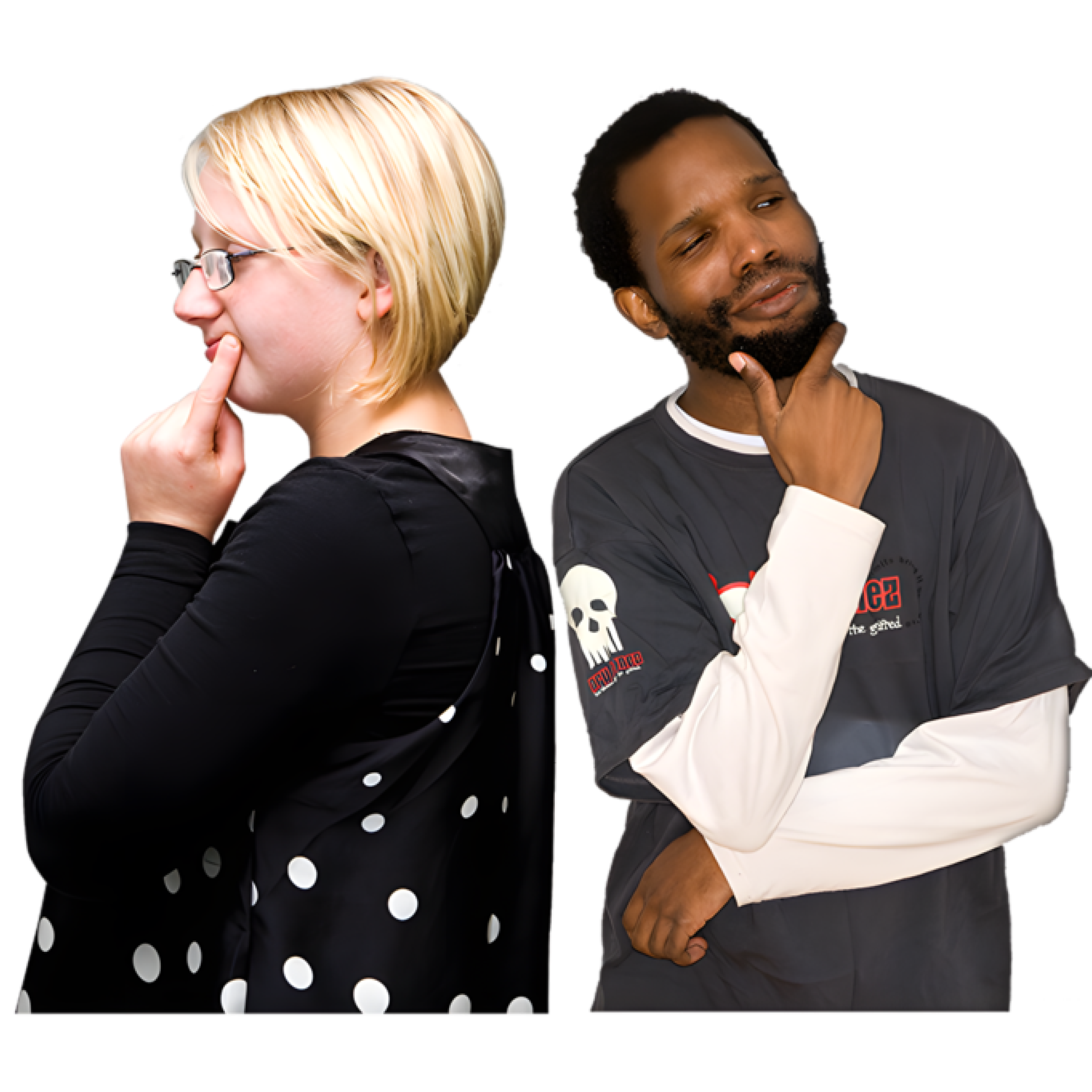 Person with blonde hair and glasses in profile, touching their mouth thoughtfully, standing with their back to with a man with a thoughtful expression, wearing a black t-shirt over a white long-sleeve shirt.