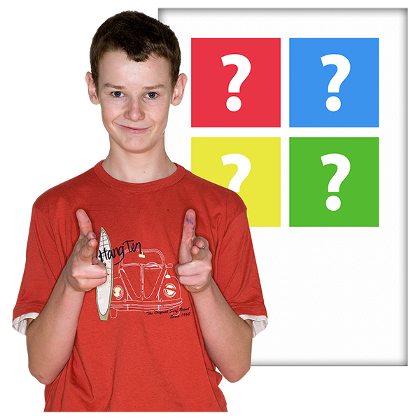 A young person with thumbs up in front of a poster showing four question marks in four differently coloured boxes