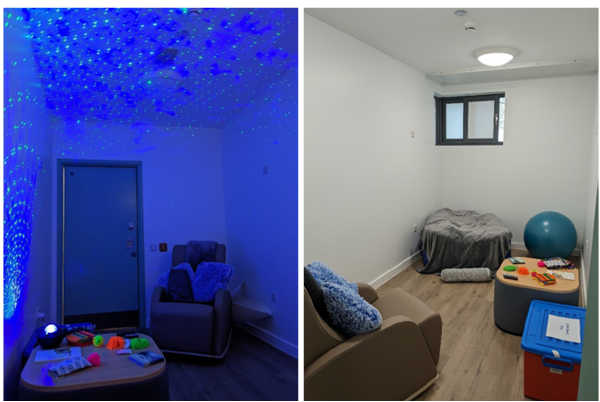 Sensory room photos. One has a blue pattern projected onto the walls and ceiling. Both have various sensory objects on the table