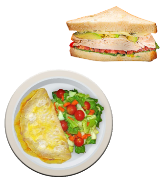 A sandwich and a plate with omelette and salad