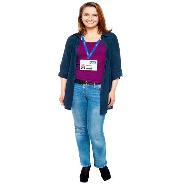 A woman with a staff ID badge