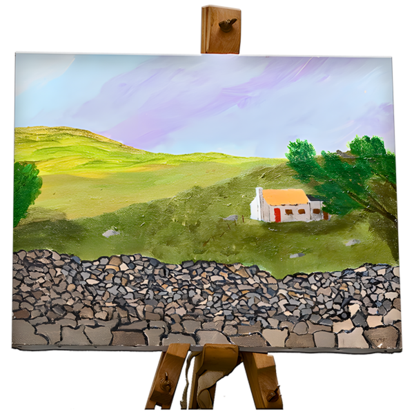 A painting of a countryside scene on a wooden easel.