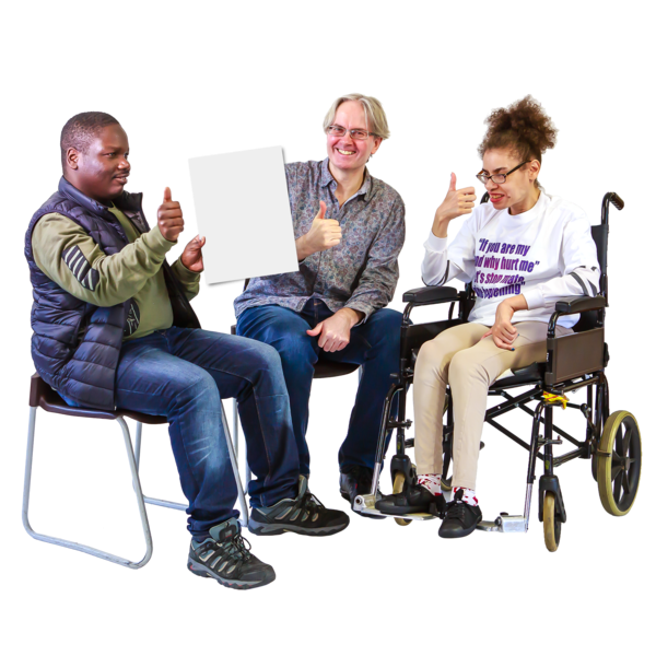 Three people giving thumbs-up, one holding a whiteboard, one in a wheelchair.