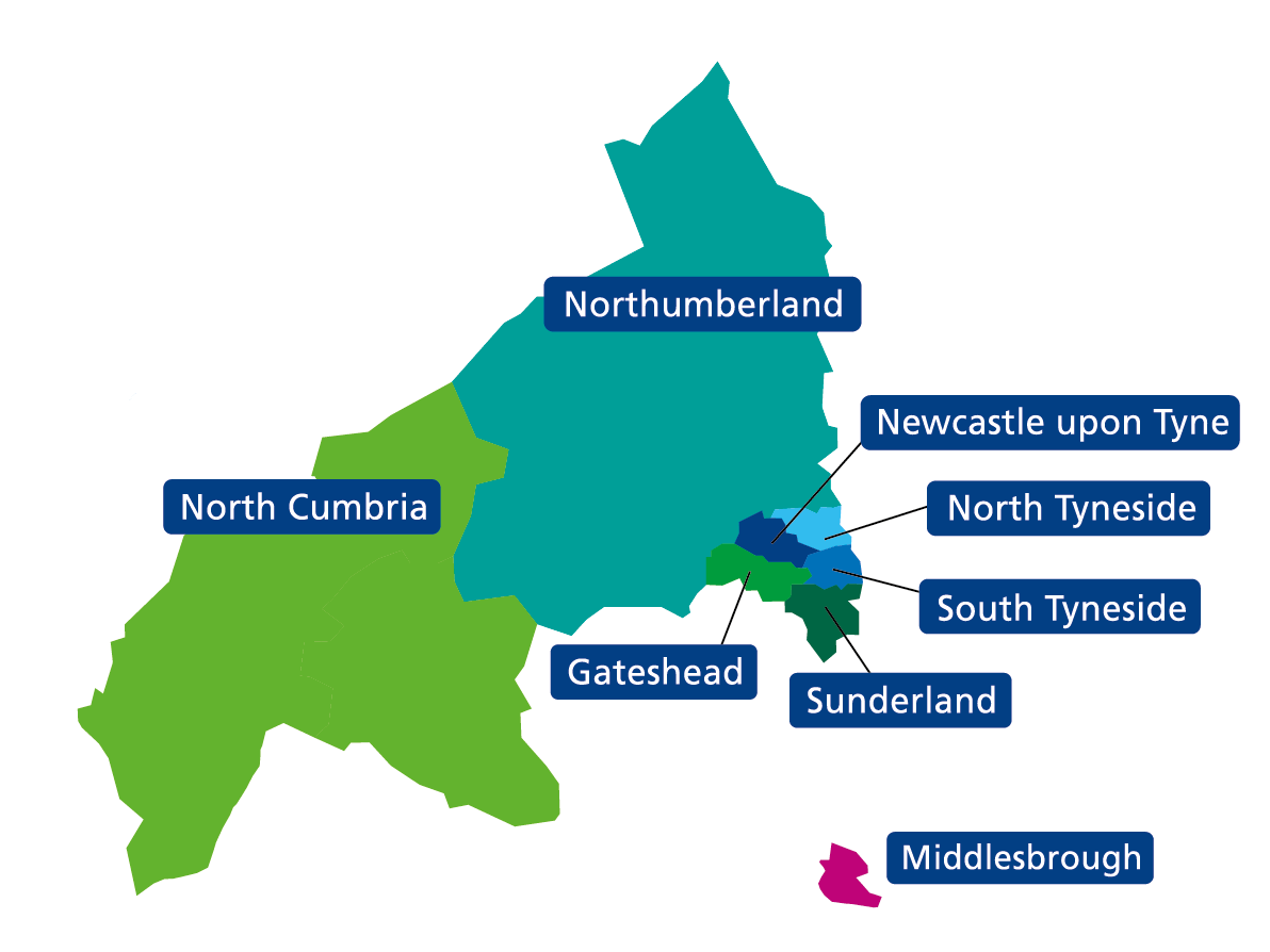 Map of localities showing North Cumbria, Northumberland, Newcastle upon Tyne, North Tyneside, South Tyneside, Sunderland, Gateshead and Middlesbrough.