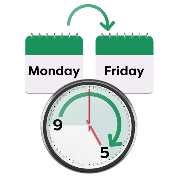 A calendar showing Monday to Friday and clock showing 9am to 5pm