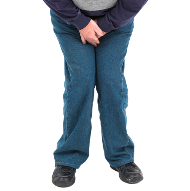 Someone holding their legs together and clasping their hands as if they are desperate for the toilet