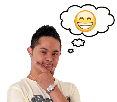 A young person is holding his hand on his chin and thinking. There is a thought cloud above his head with a smiley face inside.