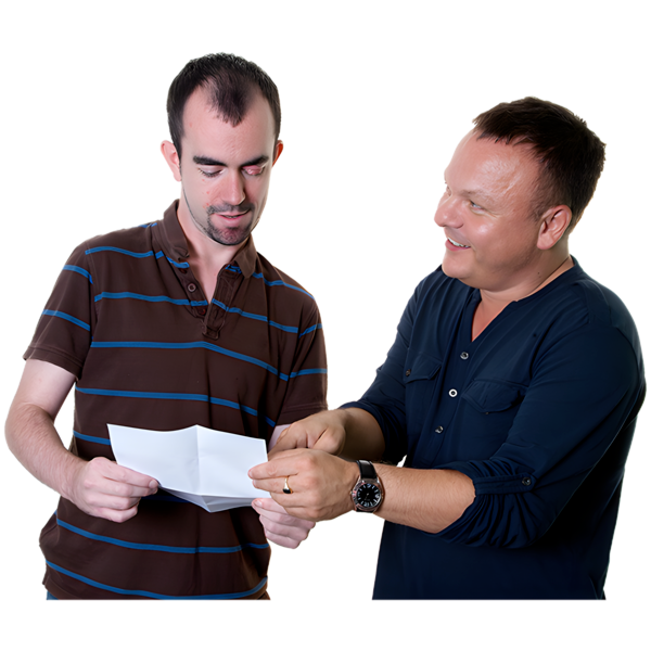 Two men talking and explaining information on a sheet