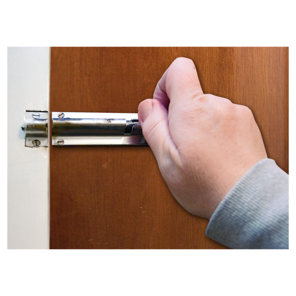 Hand closing a bolt on a door
