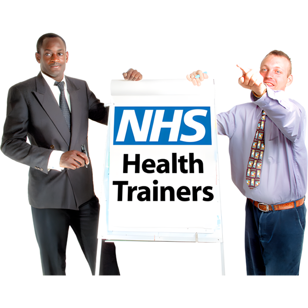 Two men with a flipchart with text reading NHS health trainers