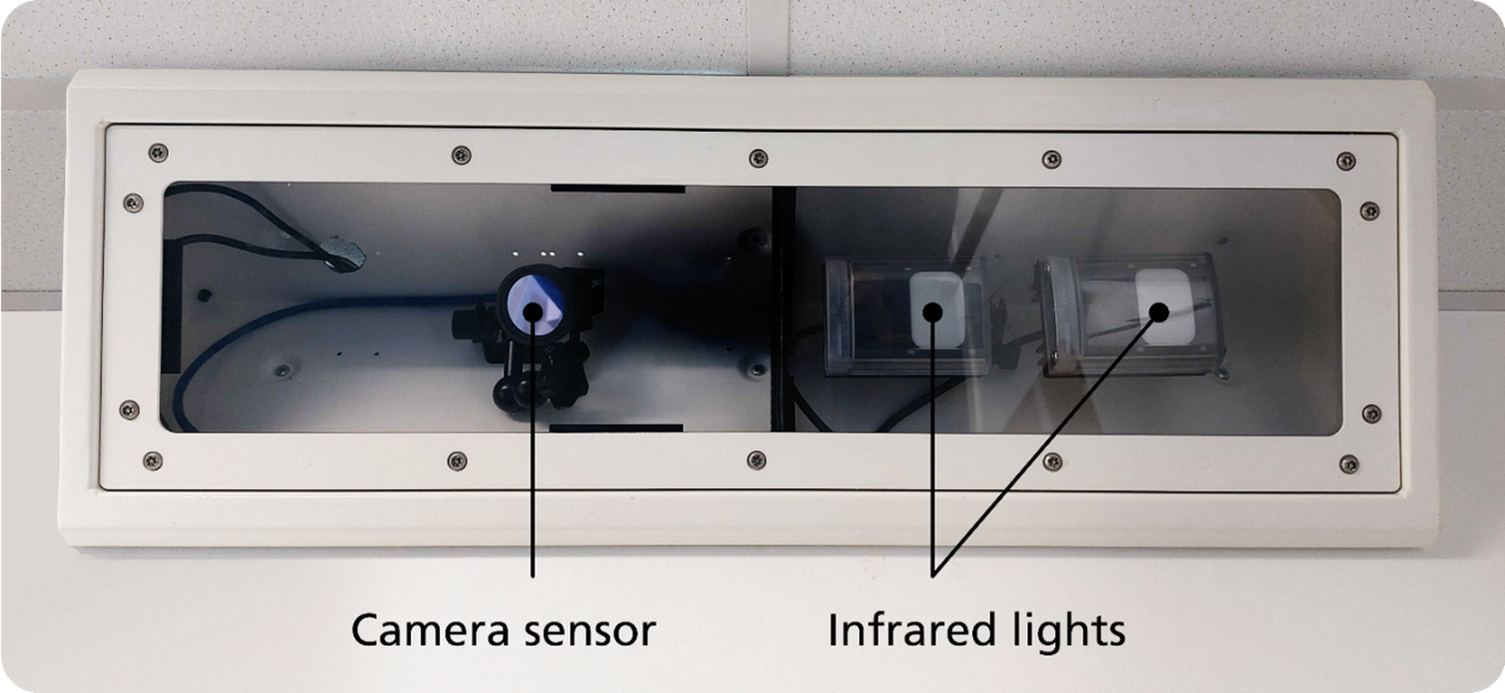 A close up of the Oxevision unit showing the camera sensor and infrared lights