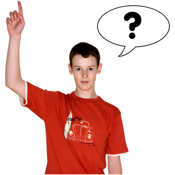 A young person in a red t-shirt with their hand up with a question mark in a speech bubble.