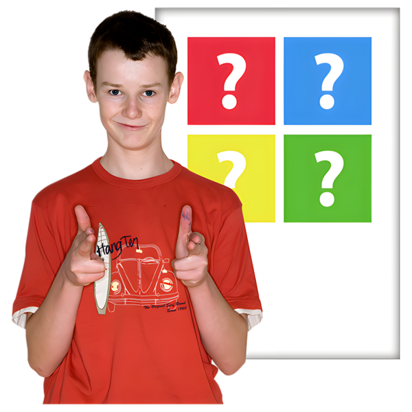 Young boy in a red shirt posing with finger guns in front of colored squares with question marks.