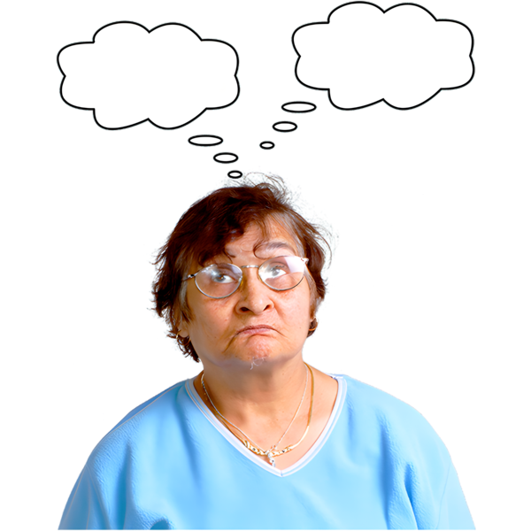 Person thinking with two thought bubbles either side of their head