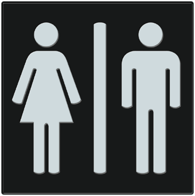 A black changing room sign with white icons of a man and woman