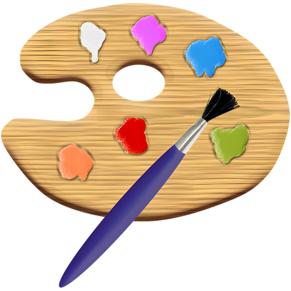 Wooden artist's palette with six colors of paint and a purple-handled paintbrush.