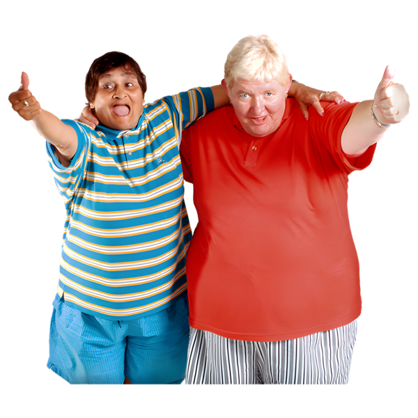 Two people with their arms around each other and holding their thumbs up