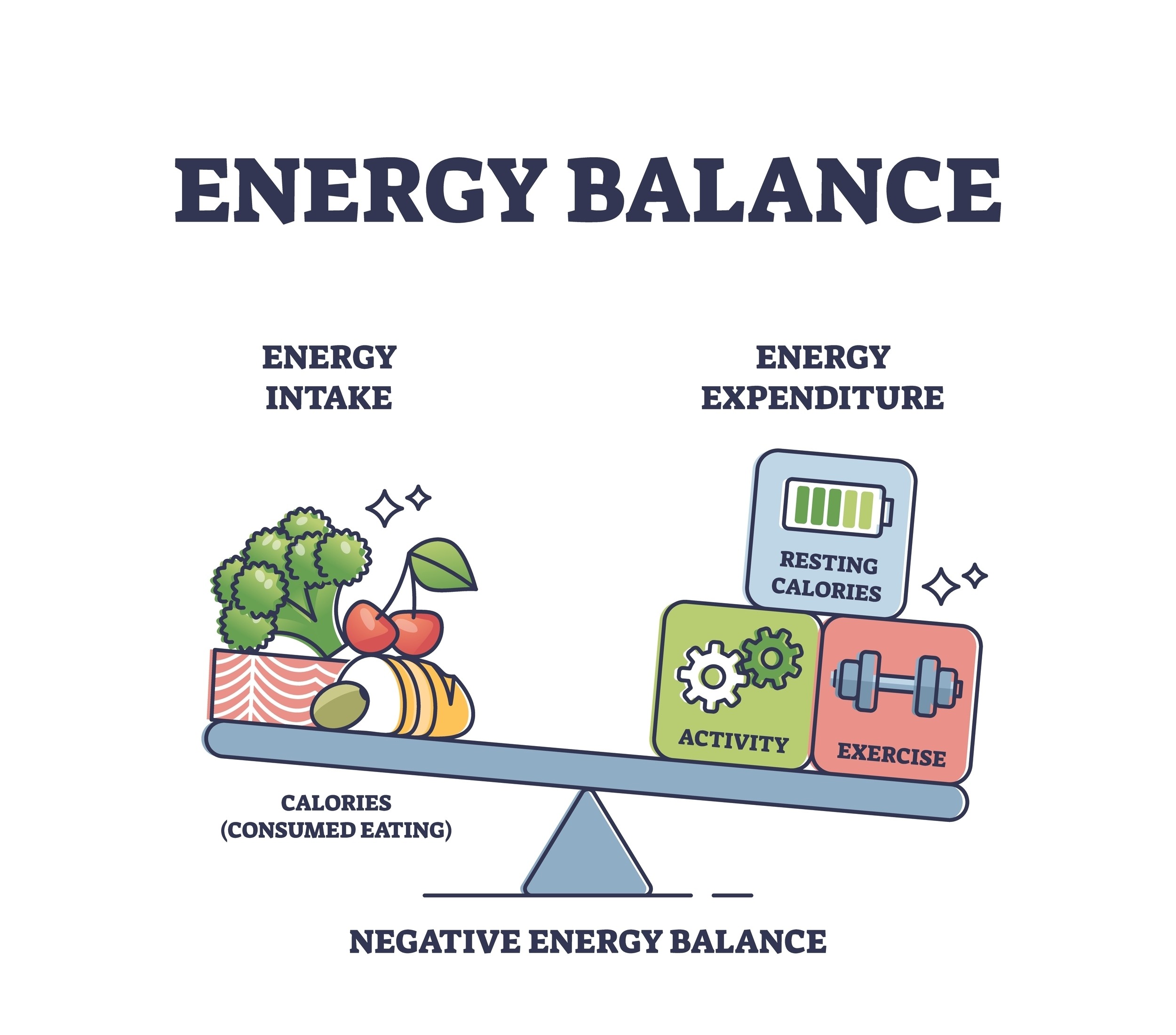 Weighing scales with energy expenditure on one side and energy intake on the other side