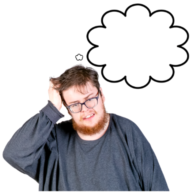 A man looking worried. Above him is a drawing of a thought cloud.