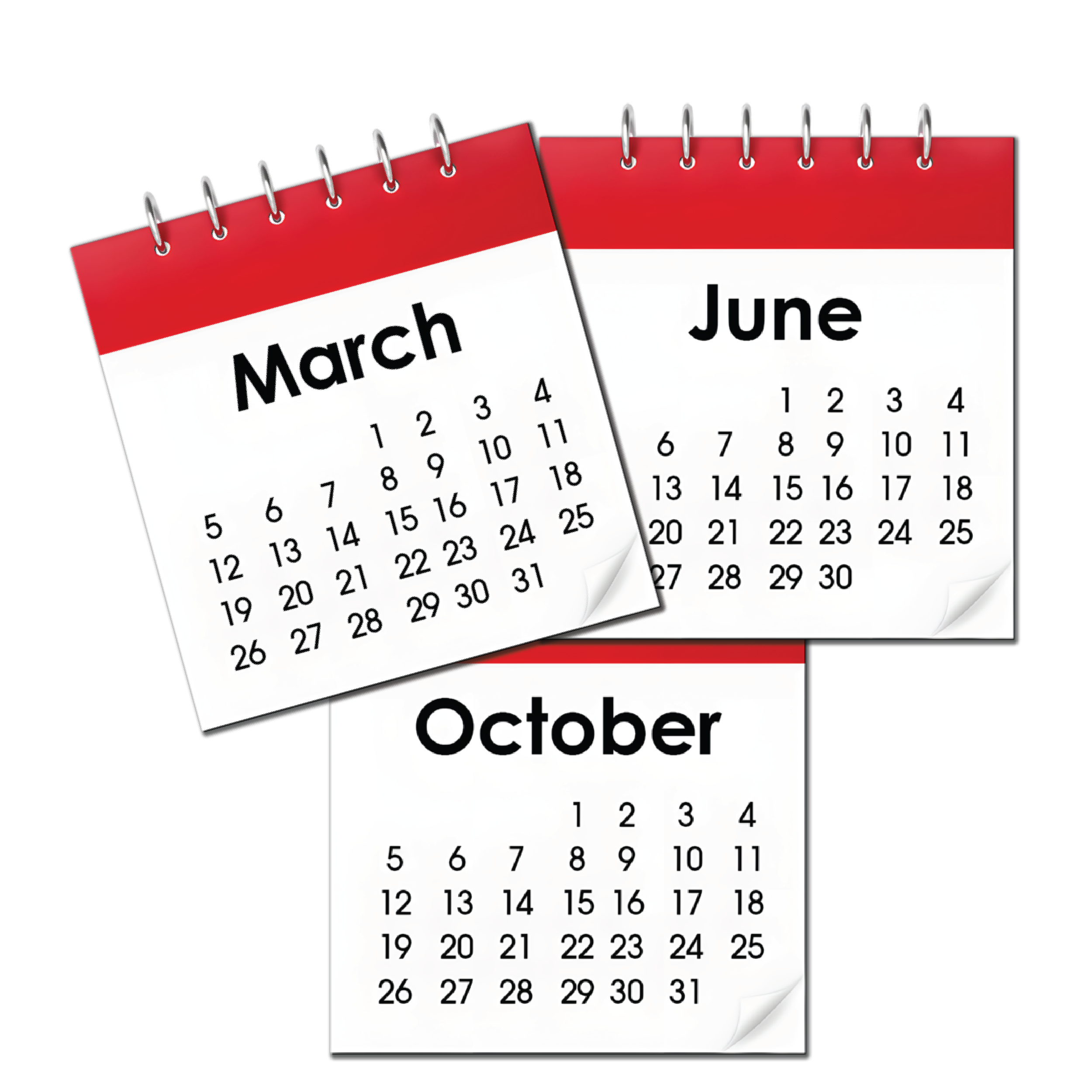 Several overlapping calendar pages showing different months including March, June and October..